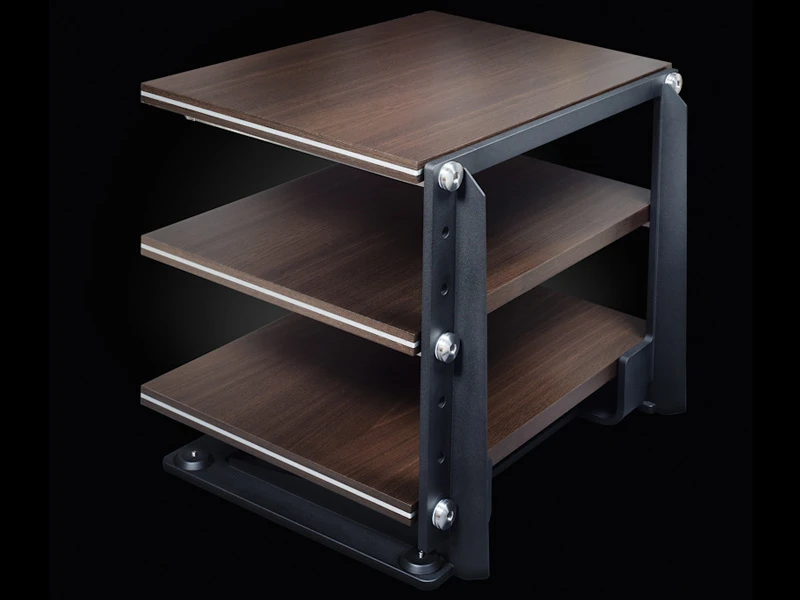 I·ctra KEO audio rack with three wood-finished shelves, viewed from above