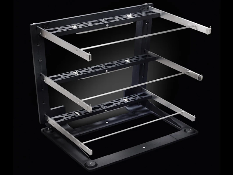 KEO with shelves removed, exposing three perforated supporting beams, side arms and their connections to the upright frame