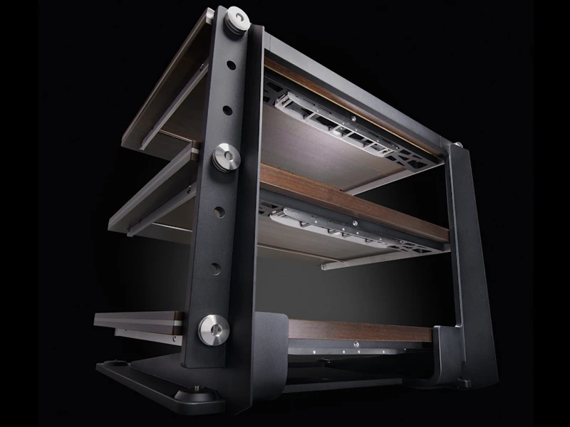 Complete KEO rack viewed from below, with the perforated supporting beams visible beneath the shelves
