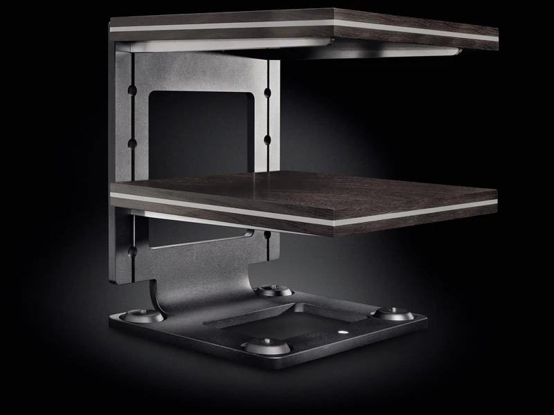 I·ctra PROTO audio rack with wood-finished shelves and exposed base