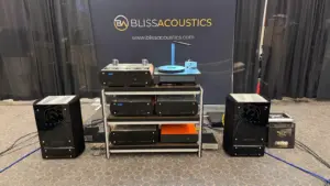 New ITO rack supporting the Bliss Acoustics system at Toronto Audiofest 2026, viewed from the front.