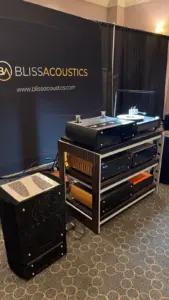 Three-quarter view of the new ITO rack in the Bliss Acoustics display at Toronto Audiofest.