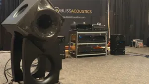 Bliss Acoustics listening-room display, with the new ITO rack behind a loudspeaker.