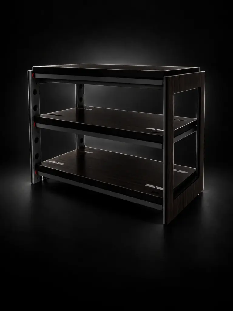 I·ctra ITO1020 audio rack with integrated Silencer, three dark wood shelves and a metal frame against a black background.