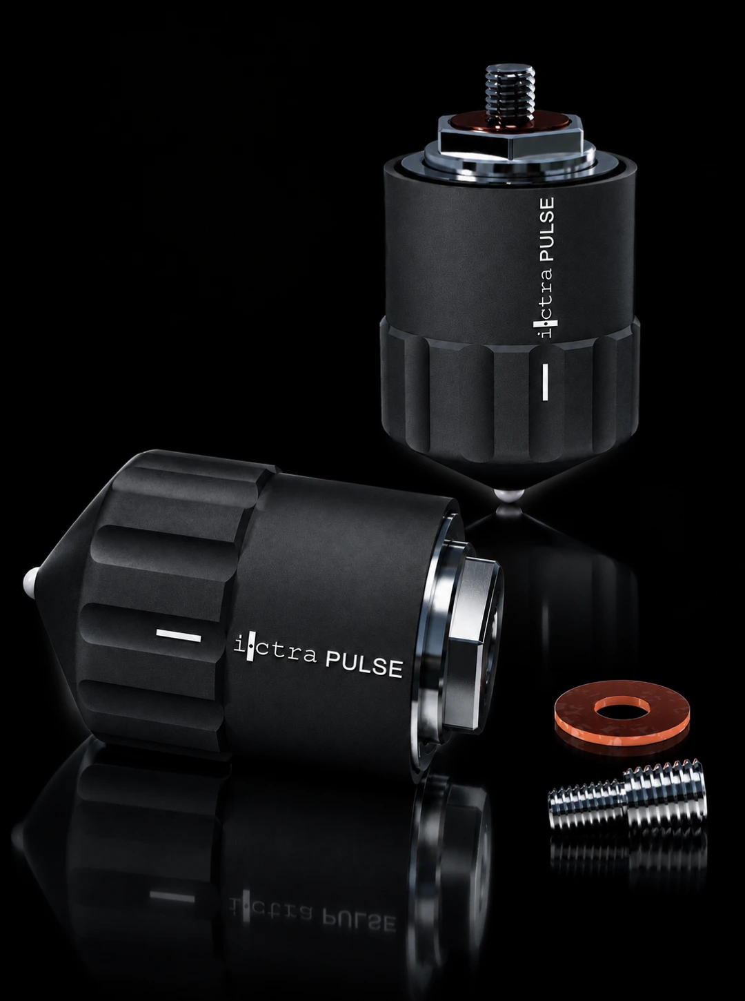 Two I·ctra PULSE units with a separate mounting ring and threaded stud on a black background